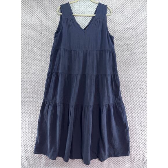 Quince Dress Womens XL Indigo Blue 100% Organic Cotton Gauze Tiered Maxi V-Neck - Picture 1 of 9